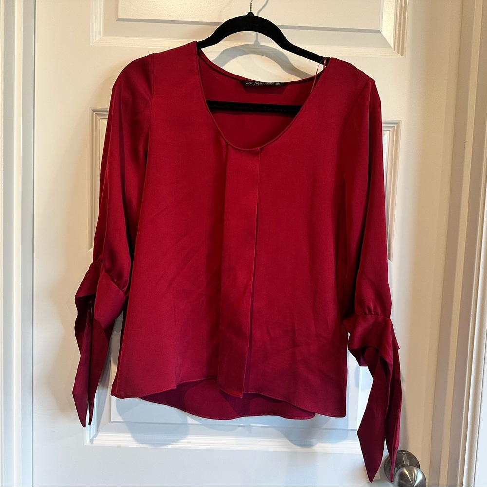 Zara Basic Burgundy Tie Sleeve Blouse - EUC